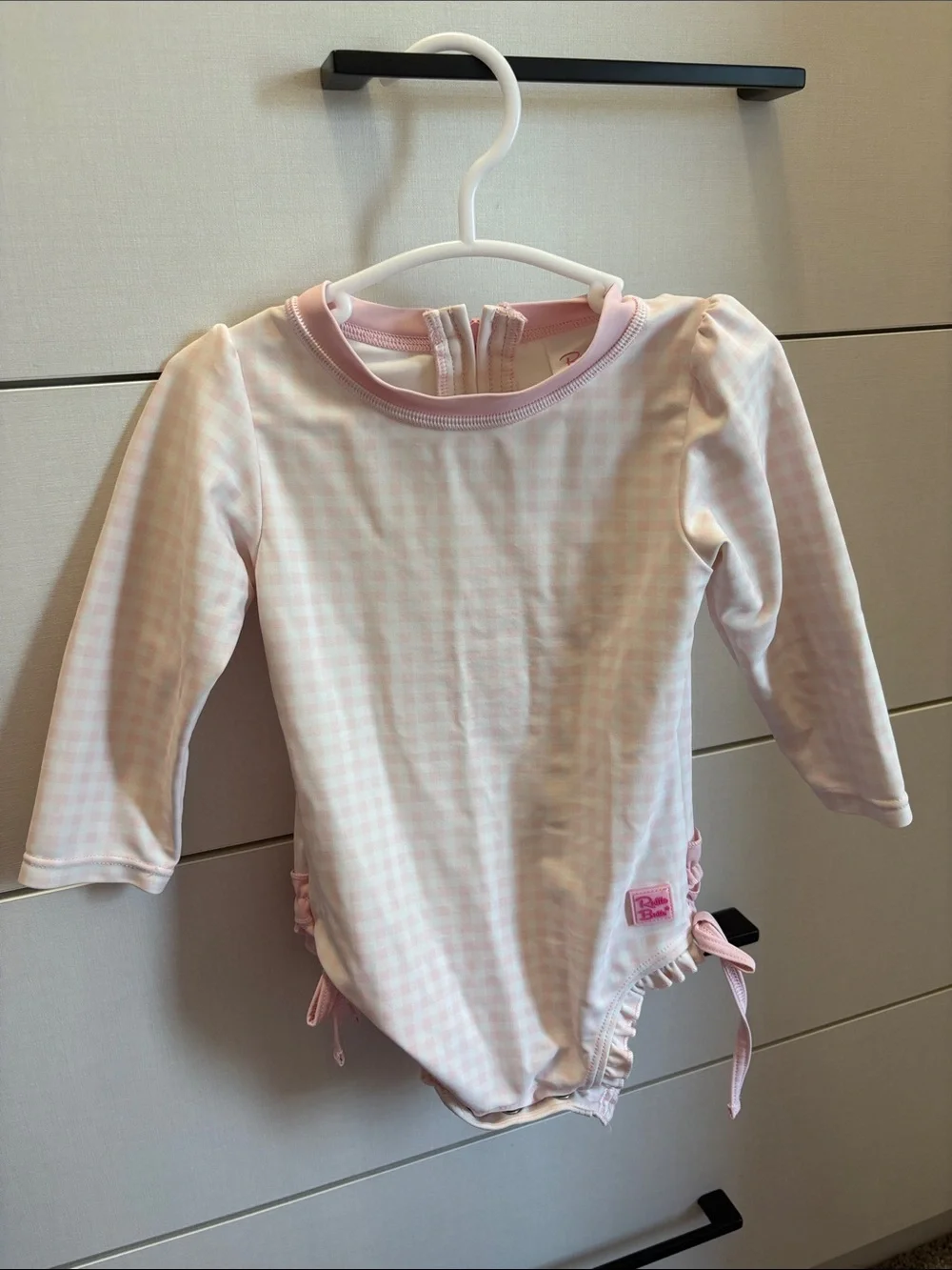 Rufflebutt Long Sleeve Pink Gingham Rash Guard Swimsuit